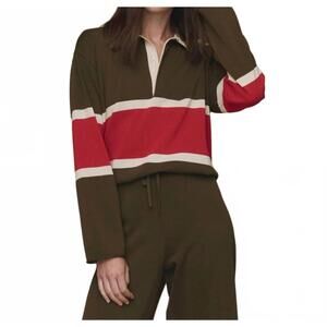 NEW THE GREAT. rugby sweater in army with hot red stripe